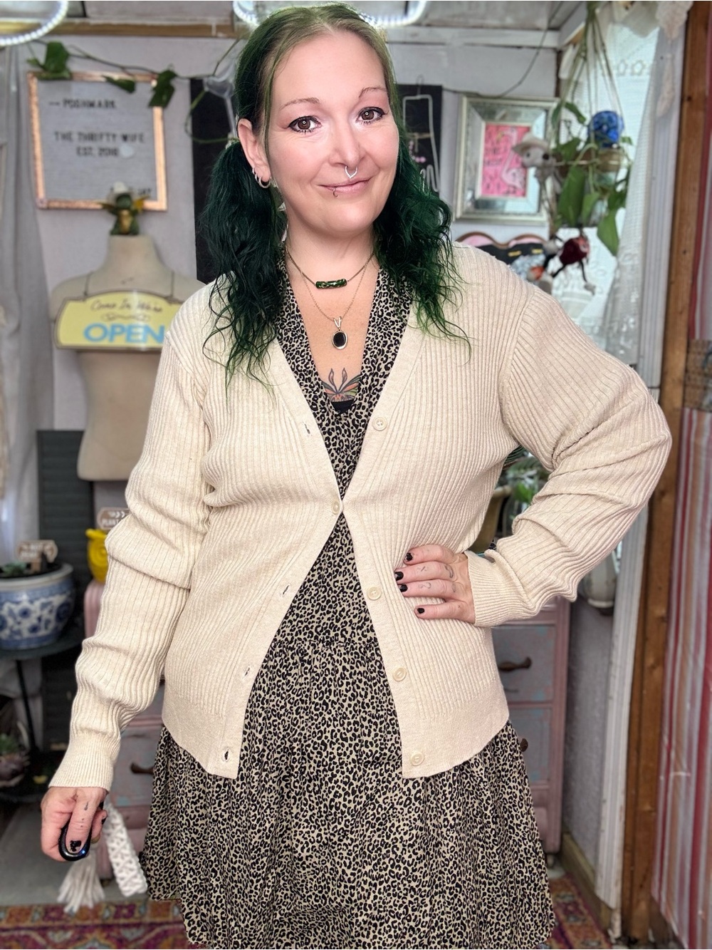 dip Cream Ribbed Button-Front Neutral Layering Cardigan Size Large
